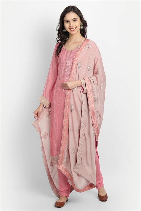Light Pink Silk Machine Embroidered Unstitched Suit Set at Biba India