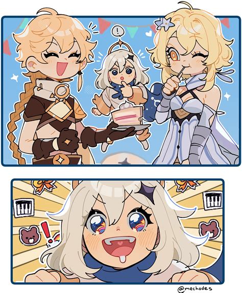 lumine, aether, and paimon (genshin impact) drawn by mechodes | Danbooru