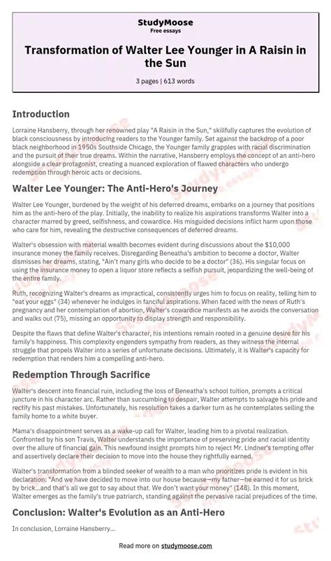 Transformation of Walter Lee Younger in A Raisin in the Sun Free Essay ...