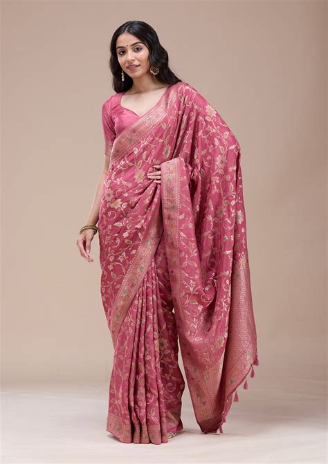 Buy Peach Zariwork (Gold) Banarasi Silk Saree - Koskii