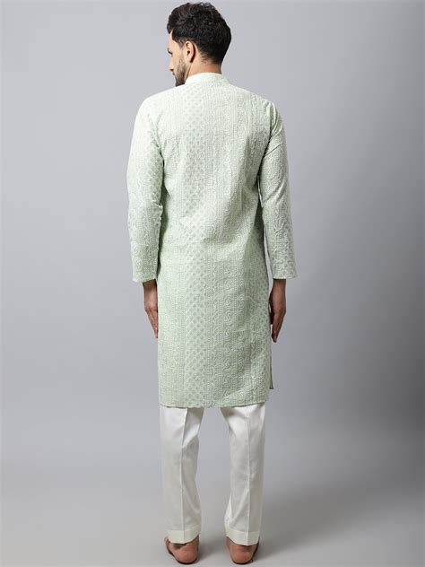Pista Green Chikankari Mens Kurta Pajama Couple Matching Dress – anokherang
