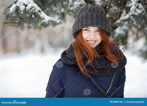 Closeup Beautiful Winter Portrait of Young Adorable Smiling Redhead ...