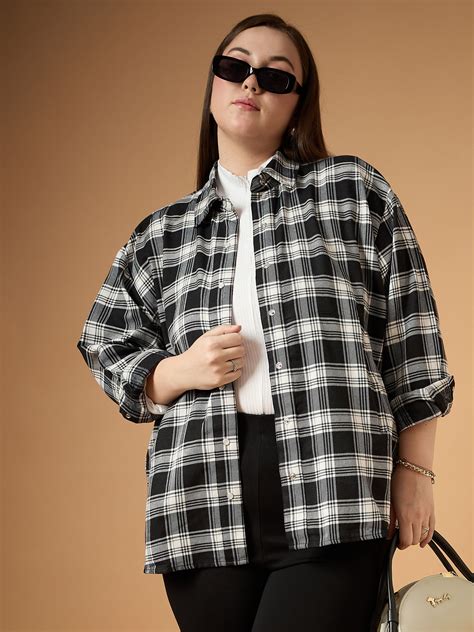 Buy Black & White Flannel Check Front Button Shacket Online At Best ...