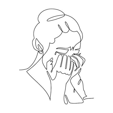 Kobieta płacze ciągły rysunek linii dziewczyny zakrywa twarz dłońmi ...