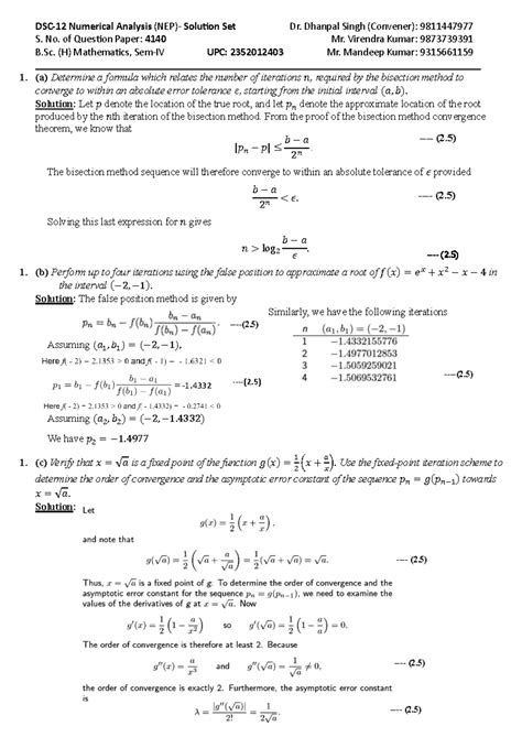 Solution Set 1: Bisection, False Position, and Secant Methods (MATH 101 ...