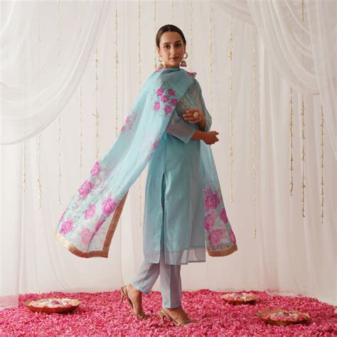 Buy Sky Blue Embroidered Chanderi Kurta Set with Dupatta | Rustorange