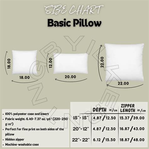 Basic Pillow Size Chart | All Over Print Basic Pillow Mockup and Key ...