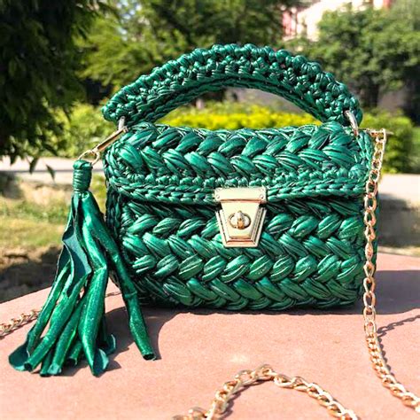 Shiroli Handmade Designer Metallic Emerald Green Crochet Bag