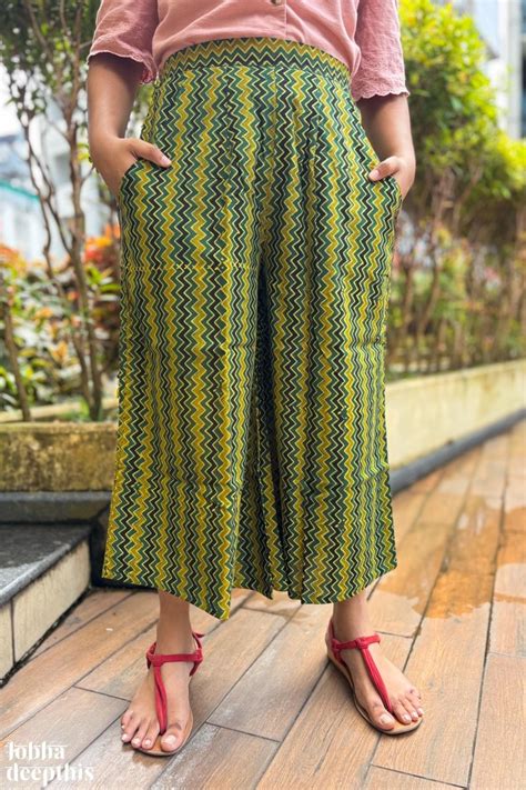 Green-Yellow Zig Zag Ajrakh Cotton Short Palazzo Pants- Lobha Deepthis