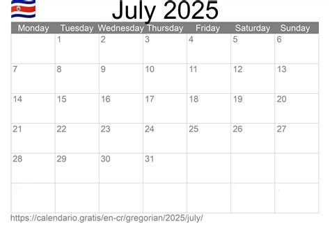 Calendar July 2025 from Costa Rica in English: Holidays and moon phase