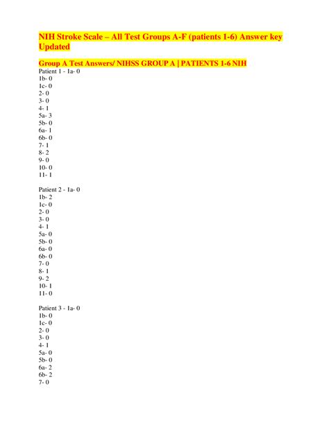 NIH Stroke Scale - All Test Groups A-F (patients 1-6) Answer key ...