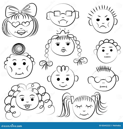 Set of Ten Cute Kids. Funny Children Drawings of Faces Stock Vector ...