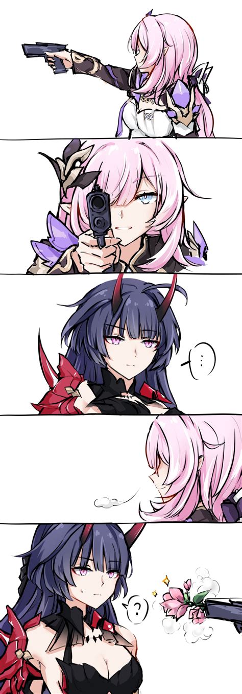 elysia and raiden mei (honkai and 1 more) drawn by sen_jin_chen | Danbooru