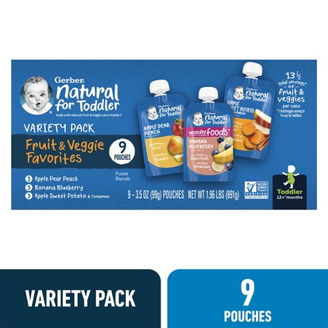 Gerber Toddler Food Snack, Fruit and Veggie Smoothie Puree Variety Pack, 3.5 oz Pouches (9 Pack ...