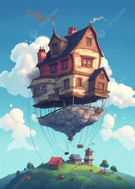 Flying House Sky Blue Cartoon Background Wallpaper Image For Free ...