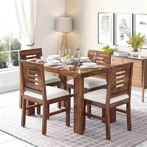 THE WOODEN CITY Solid Sheesham Wood & Fabric Dining Table 4 Seater with ...
