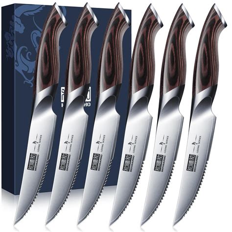 HOSHANHO Steak Knives Set of 6, Ultra Sharp 4.5 Inch Serrated Steak ...