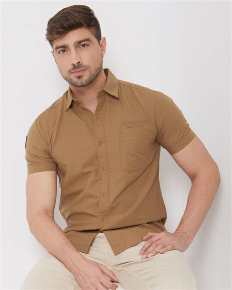Buy Light Khaki Badged Plain Slim Fit Casual Shirt Online at Muftijeans