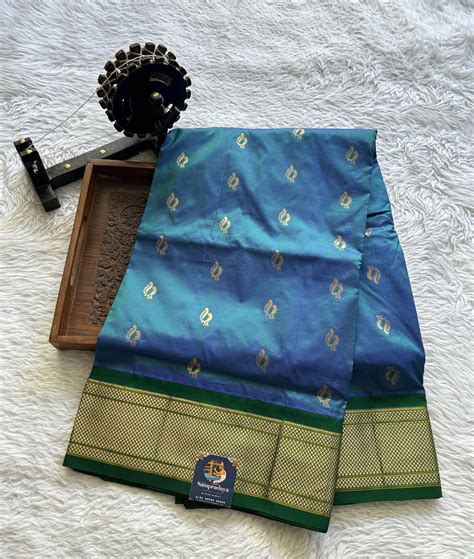 Pure Narayanpet Silk Saree Peacock Blue Color with Green Zari Border ...