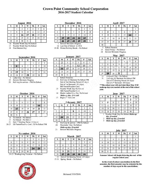 2016 - 2017 Academic Calendar | Crown Point Community School ...