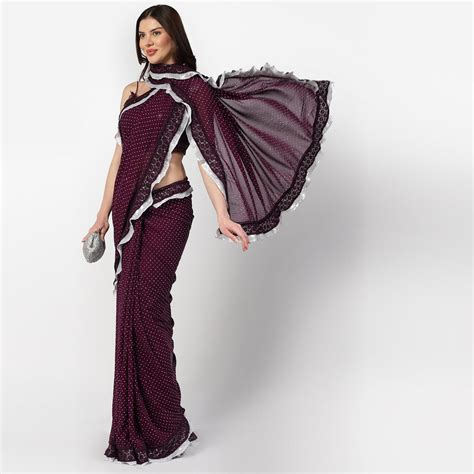 Purple Georgette Saree With Silver Dot And Sequins Frill | LELA By Varija