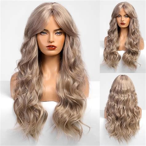 Black Wig with Bangs for Women Long Wavy Hair Wig Black Wig Curly Wavy ...