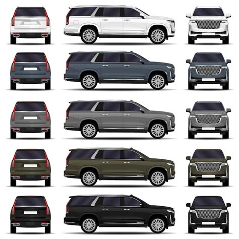 リアルな SUV 車セット。正面図;側面図;後ろ姿。 | Premiumベクトル素材
