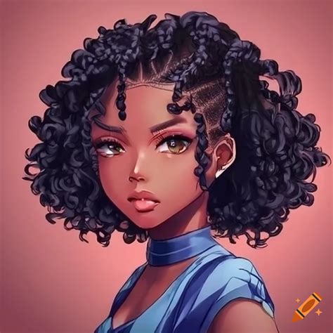 Anime black girl with curly side braided hair on Craiyon