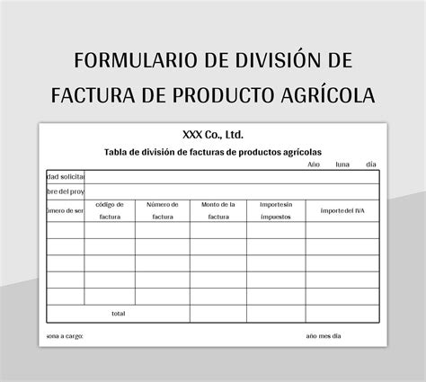 Plantilla de Formato Excel Formulario De División De Factura De Producto Agrícola y Hoja de ...
