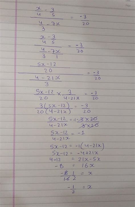 X/4-3/5/4/3-7x=-3/20, solve the equation - Brainly.in
