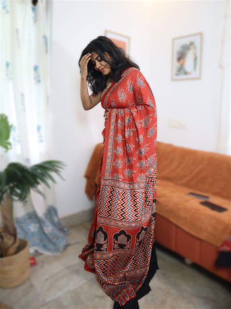 Ajrakh Handblock Printed Premium Modal Silk Saree – 8 By Rae