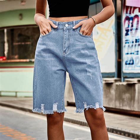 uublik Stretchy Denim Shorts for Women Long Shorts Jorts Cargo Baggy ...