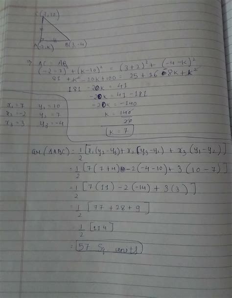 If the point A (-2,K) B(3,-4) C(7,10) are vertices of right angled ...