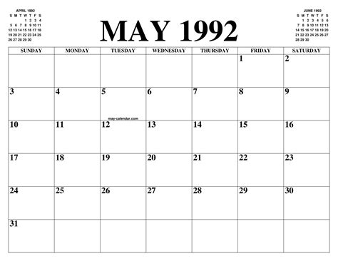 MAY 1992 CALENDAR OF THE MONTH: FREE PRINTABLE MAY CALENDAR OF THE YEAR ...