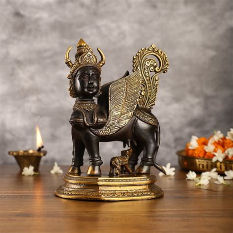 Buy Handcrafted Brass Kamdhenu Cow with Calf Statue | Black and Gold ...