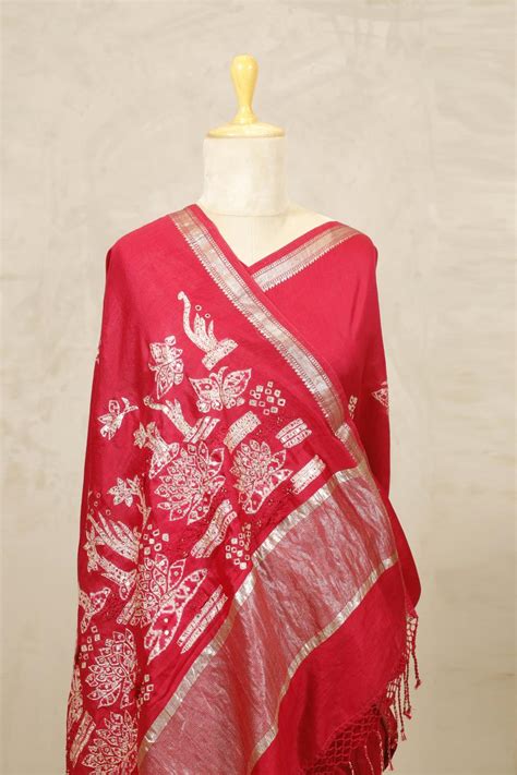 Red Banarasi Chiniya Silk Saree with Bandhani Print And Aari Work ...