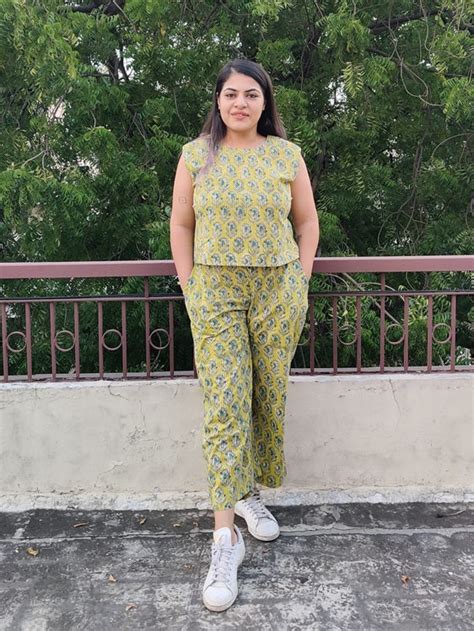 Yellow Hand Block Printed Coordinated Set with Sleeves Top and Plazzo ...