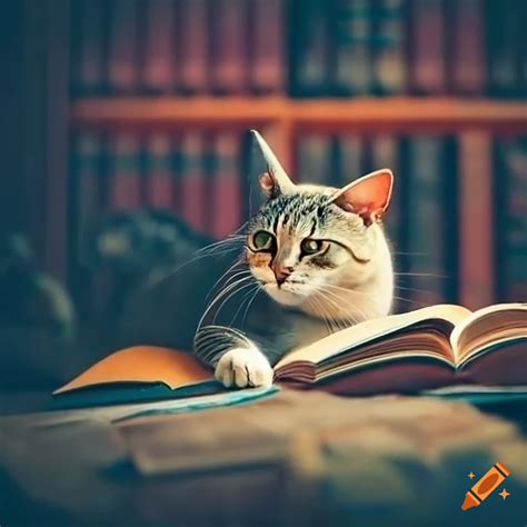 Image of a cat reading a book in a library on Craiyon