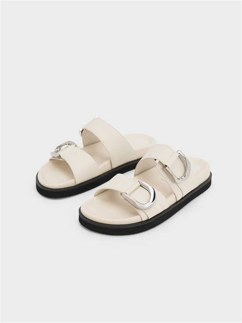 Gabine Silver-Buckle Leather Slides - Chalk - CHARLES & KEITH IN