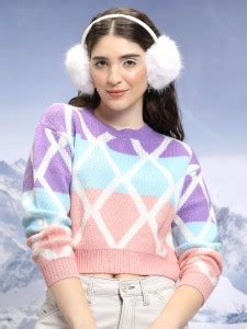 Tokyo Talkies Printed Round Neck Casual Women Purple Sweater - Buy ...