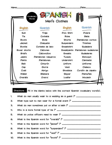 Spanish Men's Clothes Vocabulary Word List Worksheet & Answer Key ...
