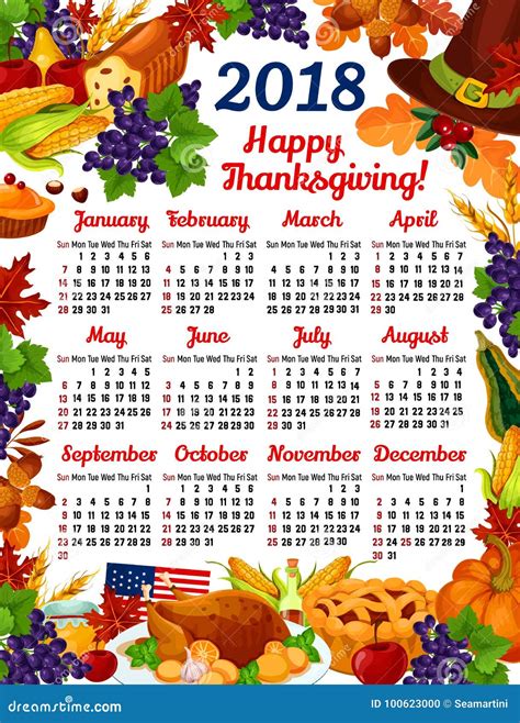 Thanksgiving Day Vector Calendar 2018 Stock Vector - Illustration of ...