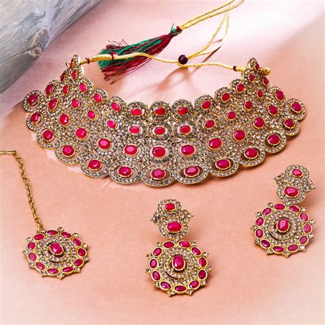 Sukkhi Gold Plated Red Reverse AD & Pearl Choker Necklace Set for Wome ...