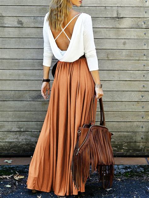 2018 Long Sleeve Backless Maxi Pleated Flowy Dress In Orange Xl ...