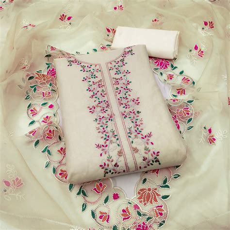 Cream Floral Embroidered Chanderi Dress Material