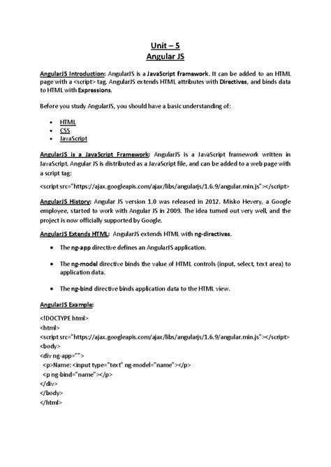 Wp unit 5 - Web programming - Unit – 5 Angular JS AngularJS ...