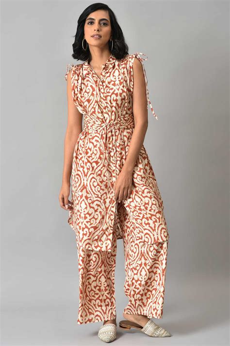 Buy Orange Ikkat Printed Button Down kurta with Parallel Pants Co-ord ...