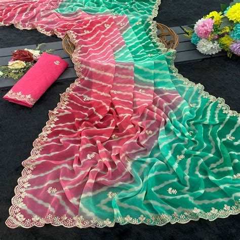 Festive Georgette Saree in Pink & Green with Ethnic Leheriya Print and