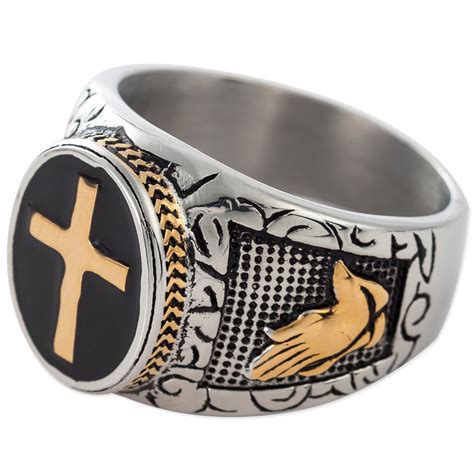 Christian Holy Cross Prayer Ring Stainless Steel Black Enamel Religious ...