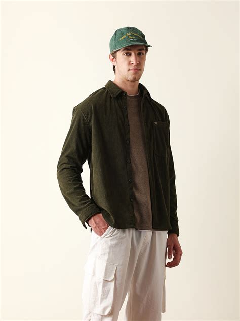 Shop Dark Green Corduroy Relaxed Fit Textured Overshirt Online. Explore ...